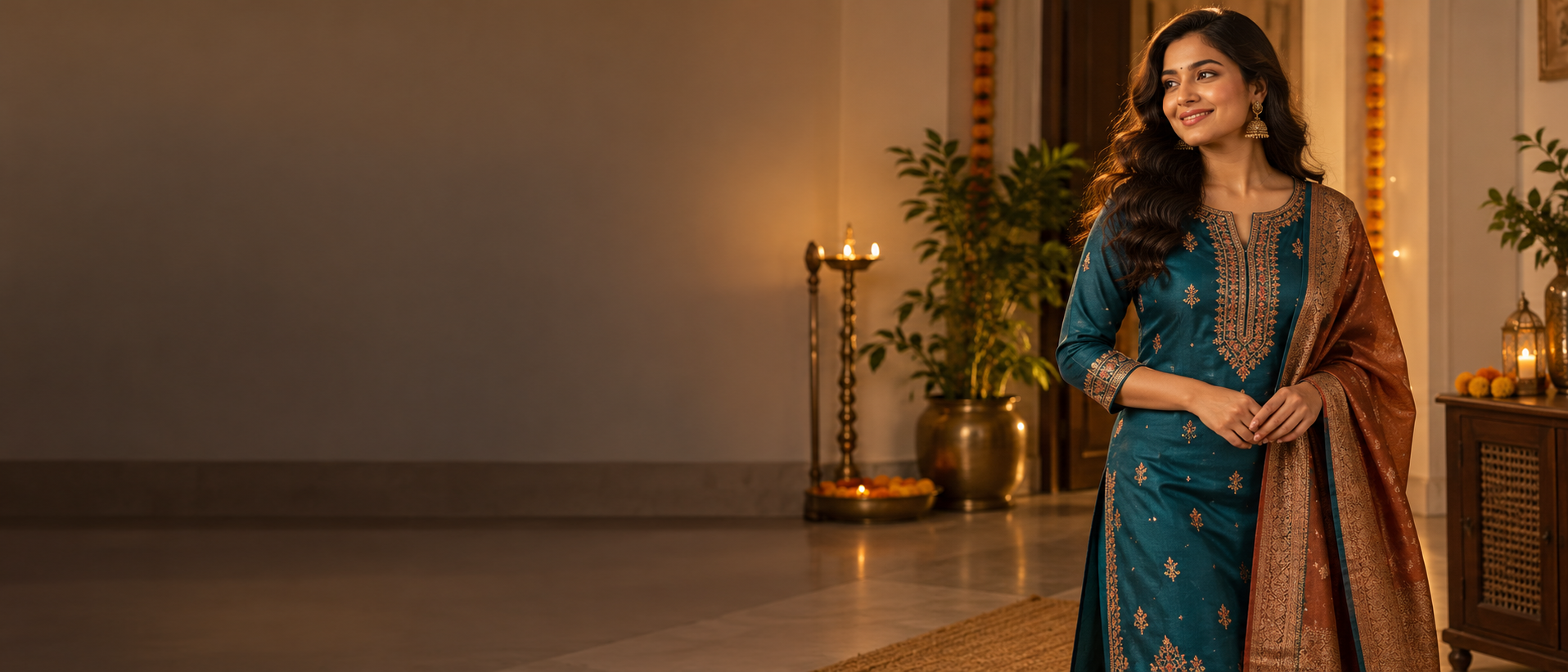 Woman wearing festive teal tailoring