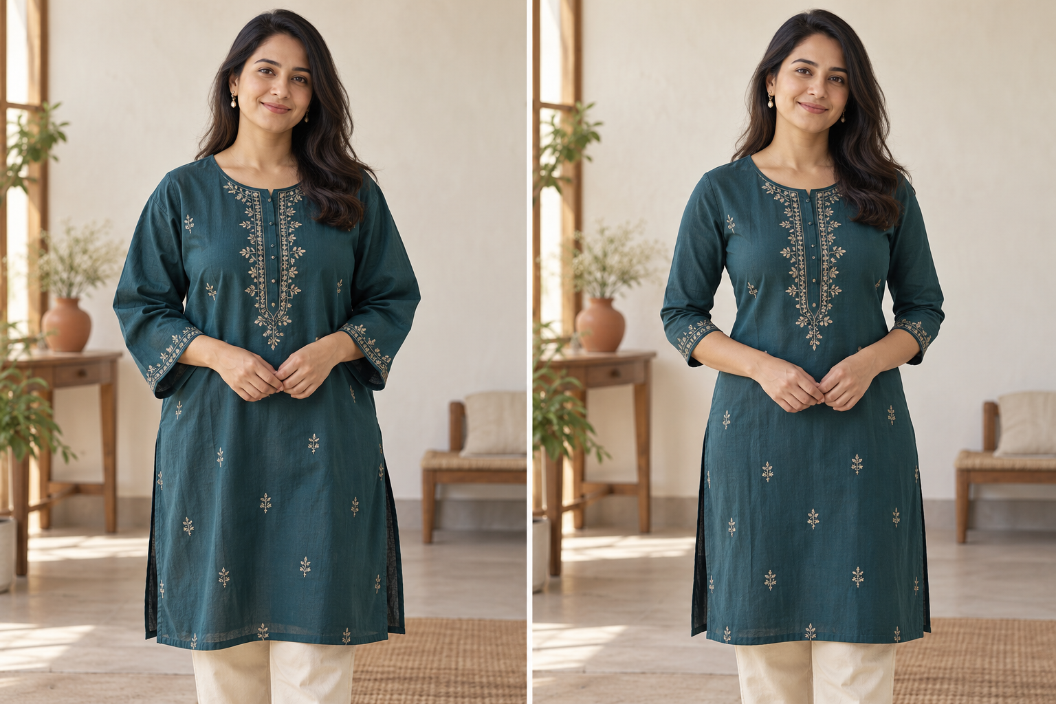 A woman in a teal kurta shown before and after tailoring